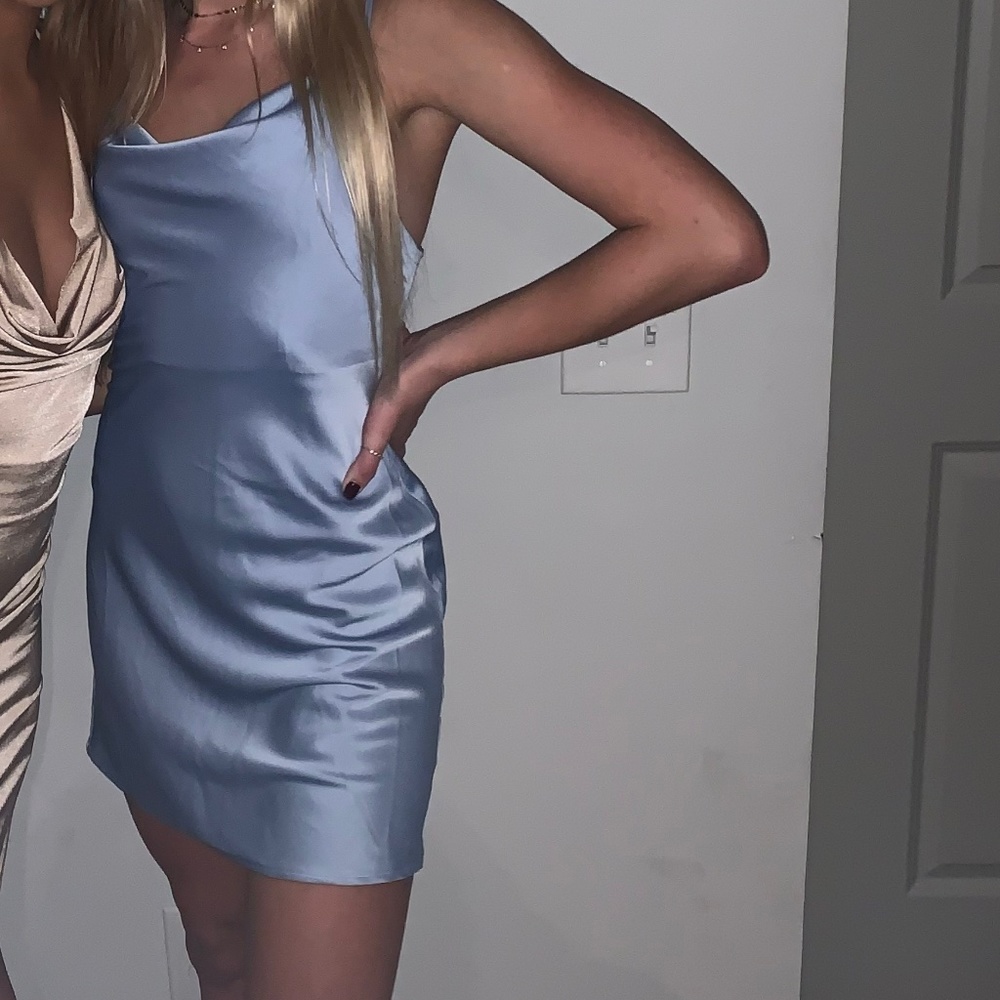 Blue silk cowl neck mini dress